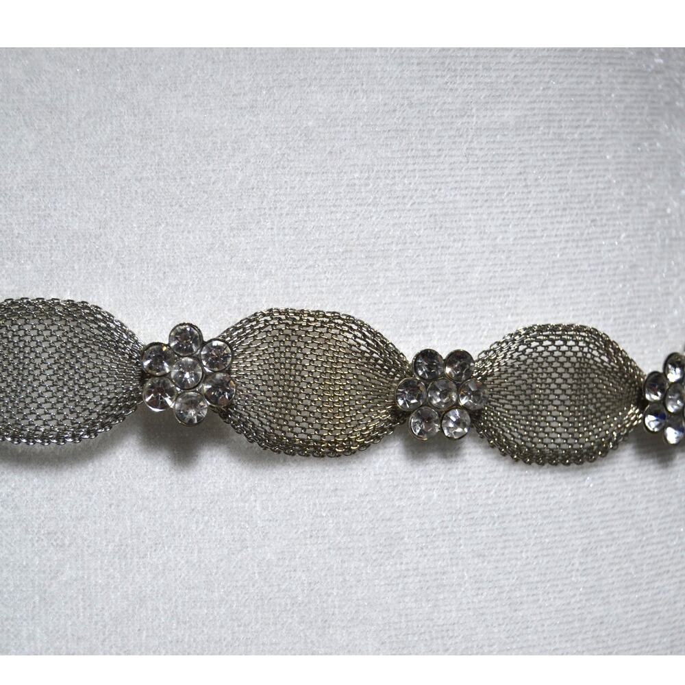 Silver Mesh Metal & Rhinestone Floral Belt Bridal - Picture 3 of 9